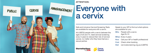 Postcard from Public Cervix Announcement campaign, featuring three people holding signs reading "Public Cervix Announcement"